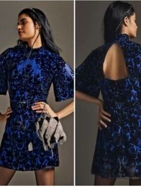 Anthropologie Velvet Burnout Dress Cobalt Blue Open Back mock Neck mini dress